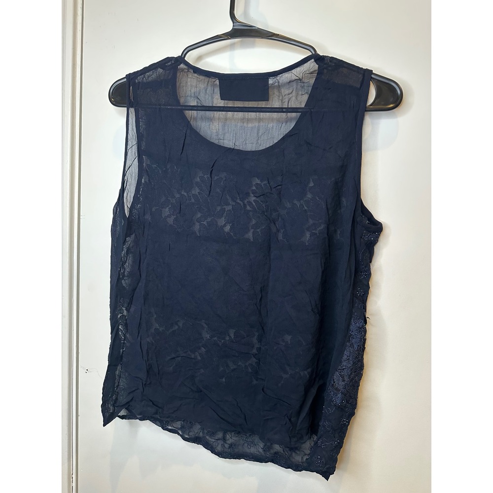 Compagnie Internationale Express Navy Blue Beaded Lace Sheer Sleeveless Top - Picture 5 of 6